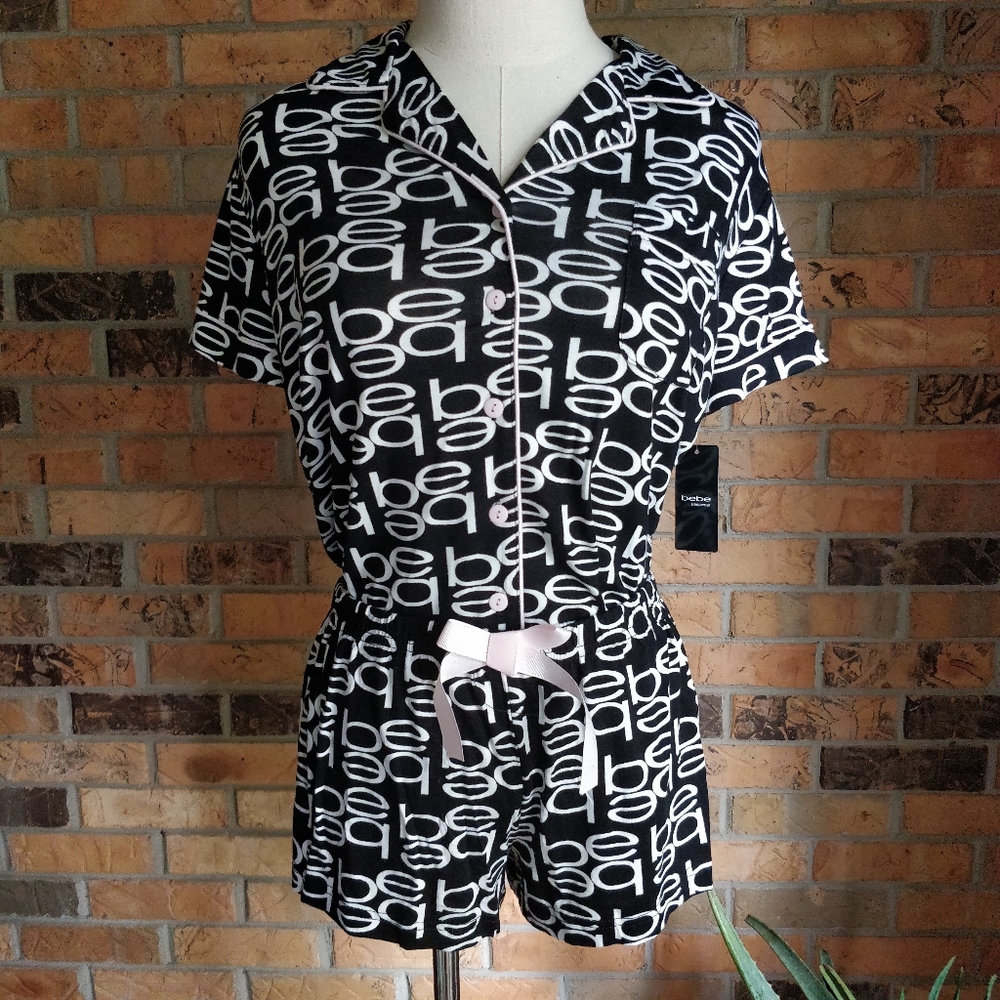Bebe Logo Sleepwear 2-piece Set, Shirt Shorts Black/White Pink Pajamas M